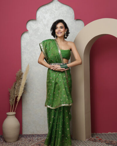 organza sequence green saree