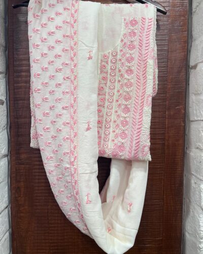 Off white  suits with pink colour embridery chikankari work