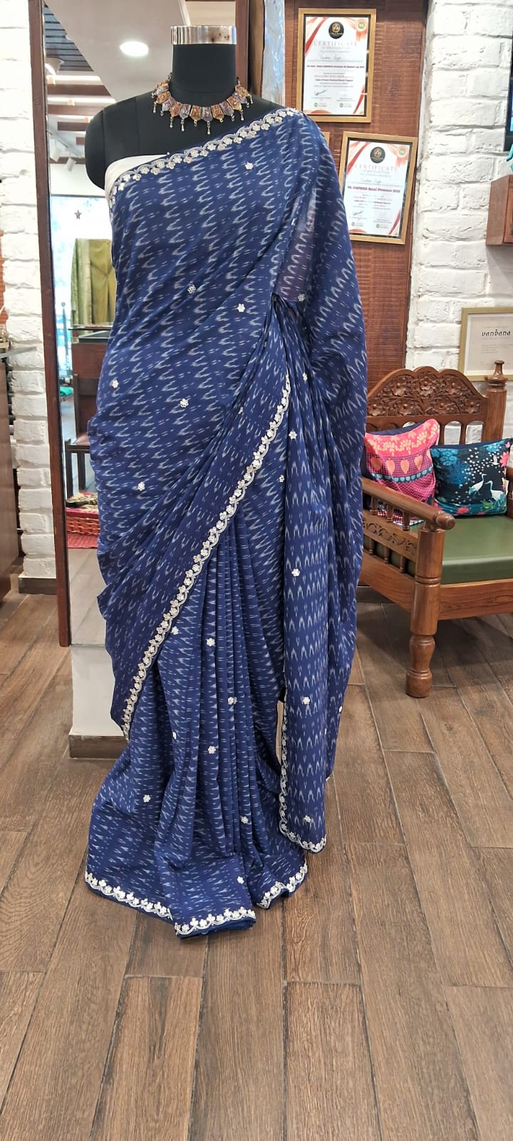 ikat printed indigo saree with blouse 1